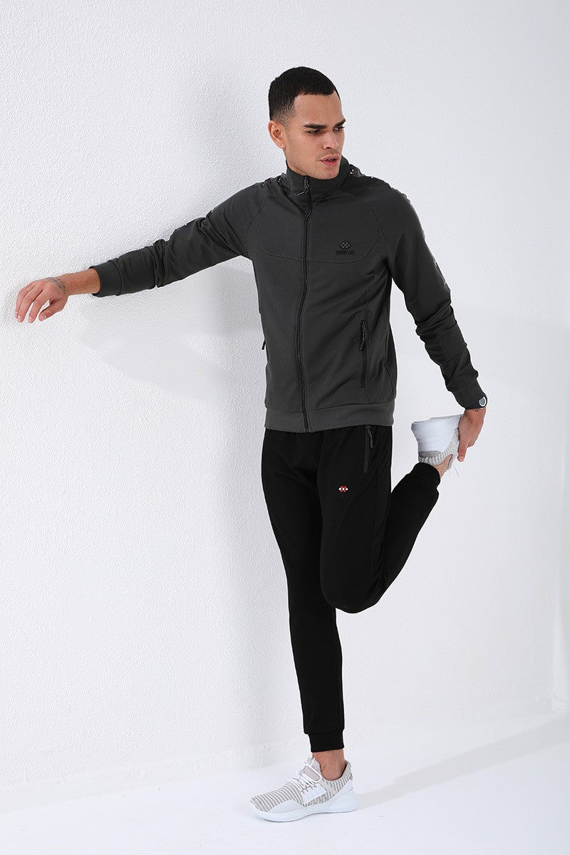 TMY Haki - Black High Neck Striped Printed Standard Mold Cuffed Men's Tracksuit - 85150 - Mount Pleasant