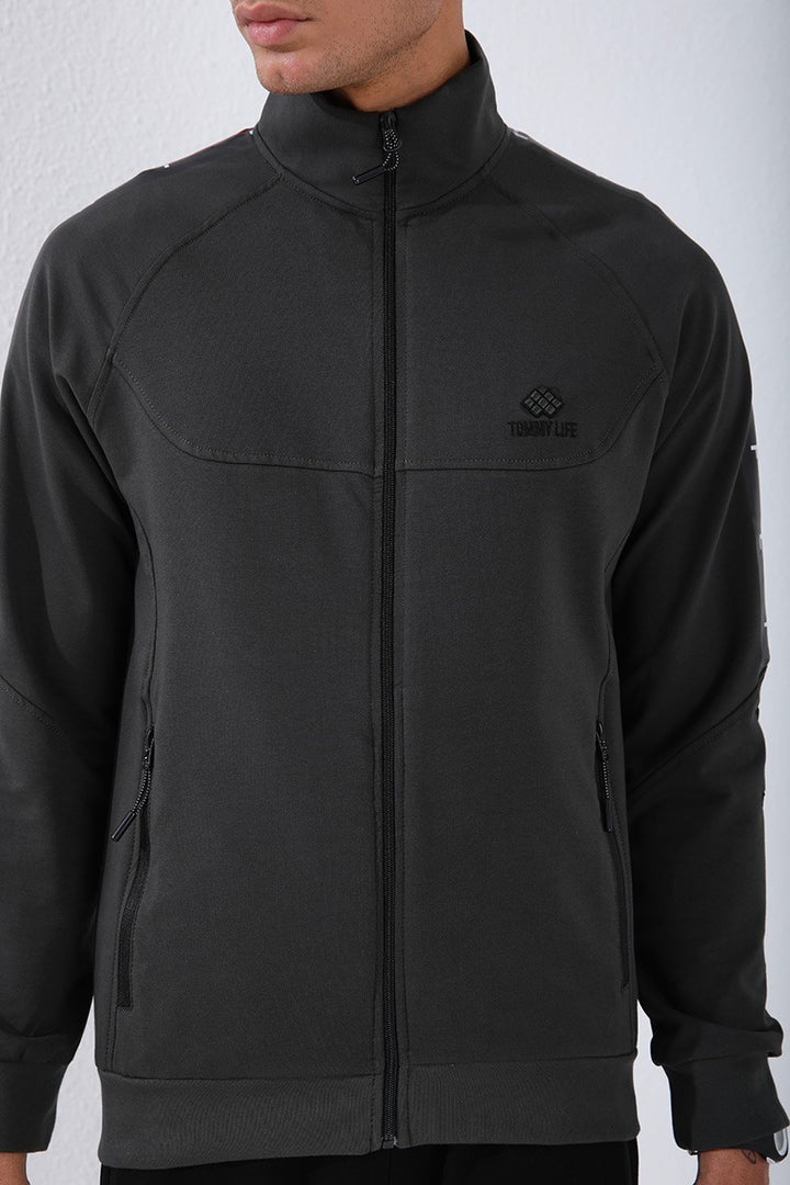 TMY Haki - Black High Neck Striped Printed Standard Mold Cuffed Men's Tracksuit - 85150 - Mount Pleasant