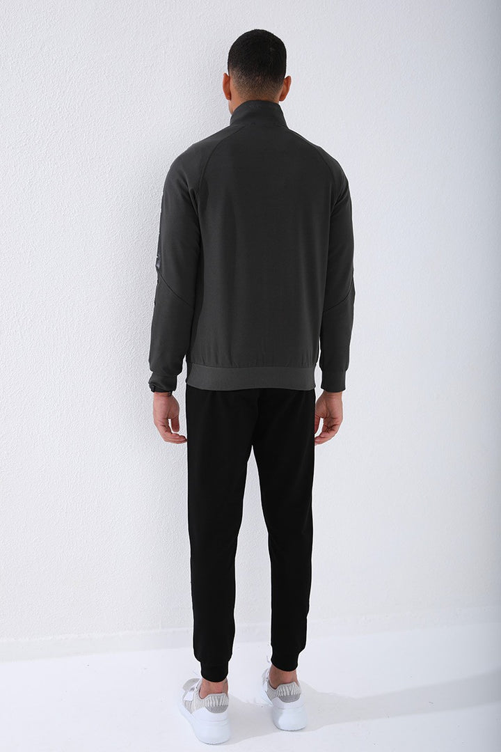 TMY Haki - Black High Neck Striped Printed Standard Mold Cuffed Men's Tracksuit - 85150 - Mount Pleasant