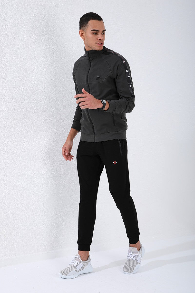 TMY Haki - Black High Neck Striped Printed Standard Mold Cuffed Men's Tracksuit - 85150 - Mount Pleasant