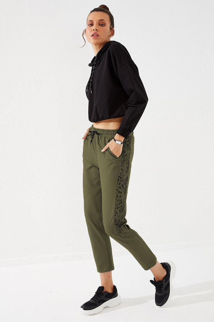 TMY Haki Sides ليوبارد نمط مريح صالح سليم الساق Sweatpants المرأة - 94572 - المزارع