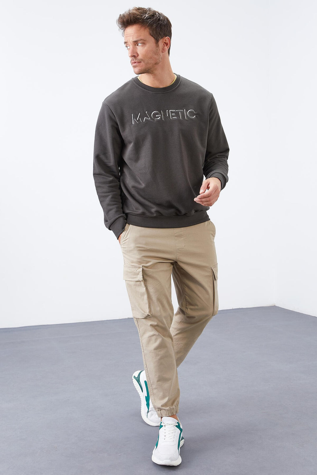 TMY Haki Embroidered Crew Neck Comfort Fit Men's Sweatshirt - 88020 - Pinerolo