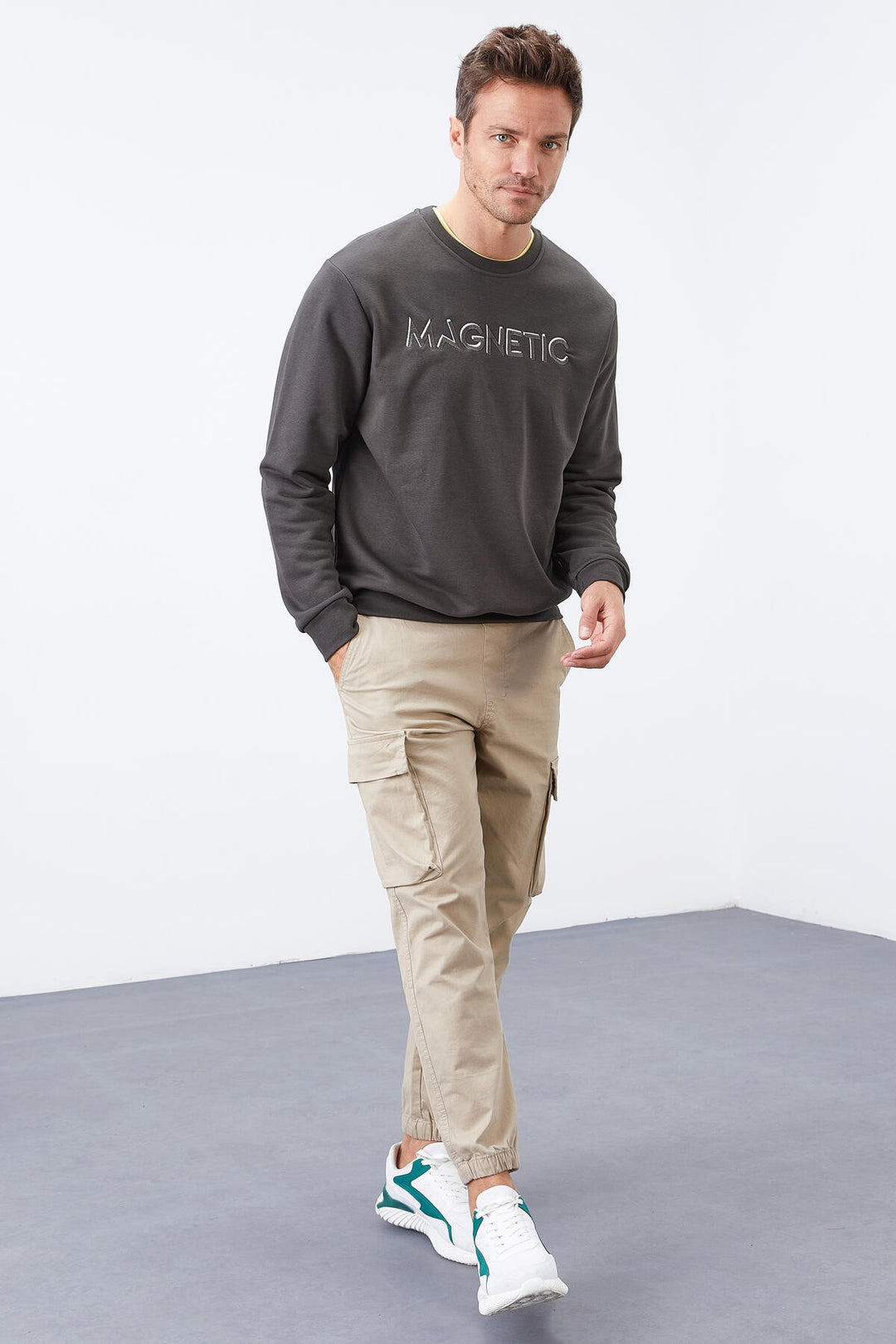 TMY Haki Embroidered Crew Neck Comfort Fit Men's Sweatshirt - 88020 - Pinerolo
