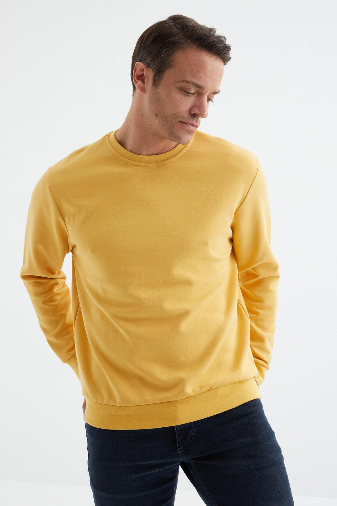 TMY Mustard Basic Round Neck Comfort Fit Men's Sweatshirt - 88053 - Meyzieu