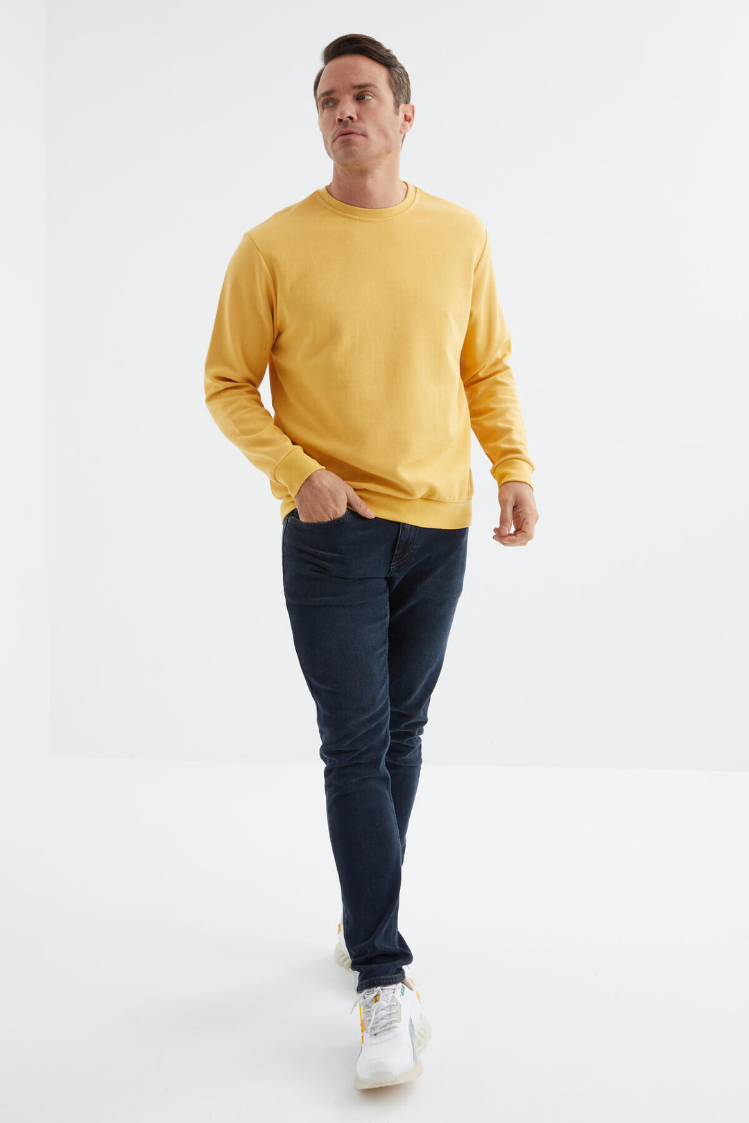 TMY Mustard Basic Round Neck Comfort Fit Men's Sweatshirt - 88053 - Meyzieu