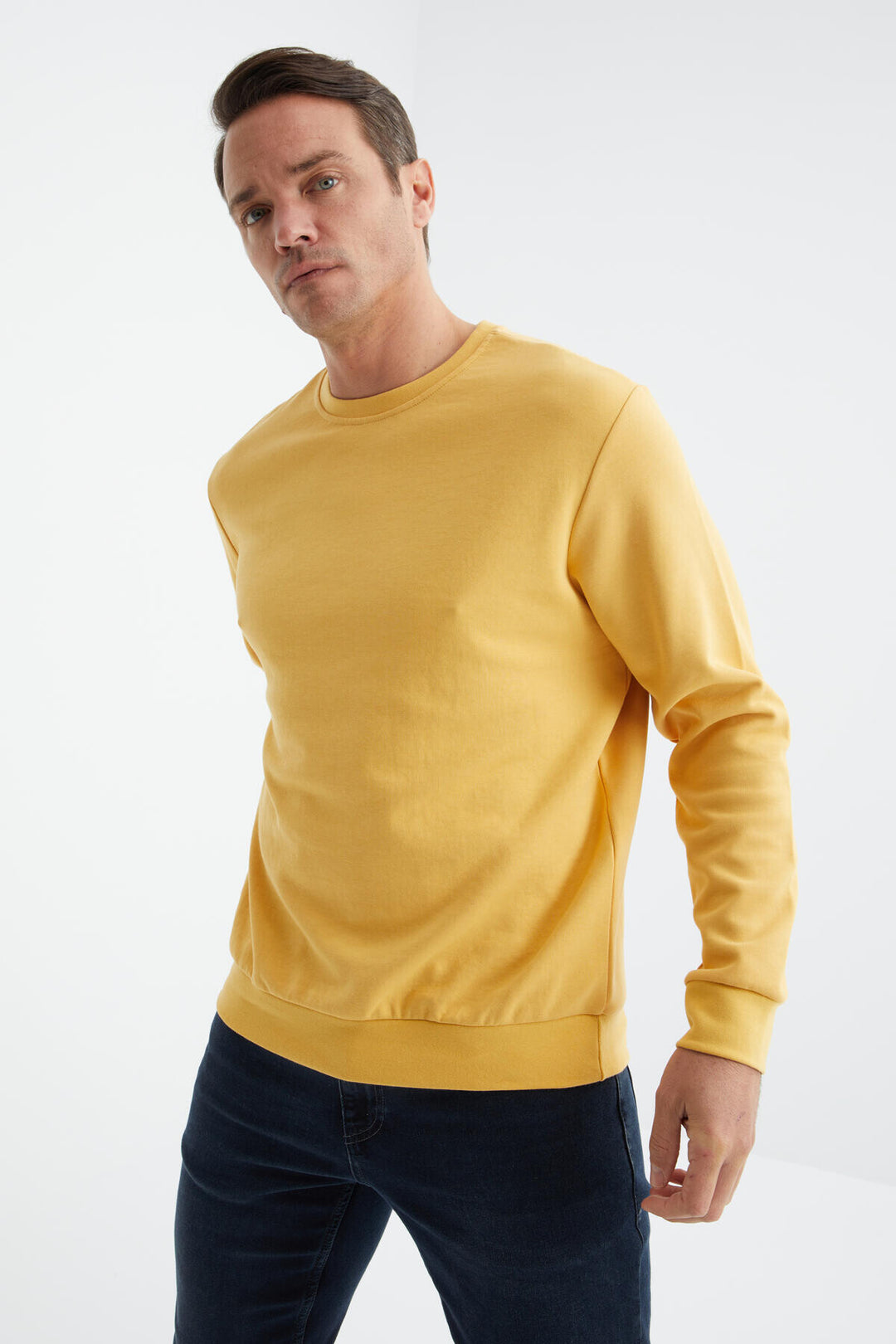 TMY Mustard Basic Round Neck Comfort Fit Men's Sweatshirt - 88053 - Meyzieu