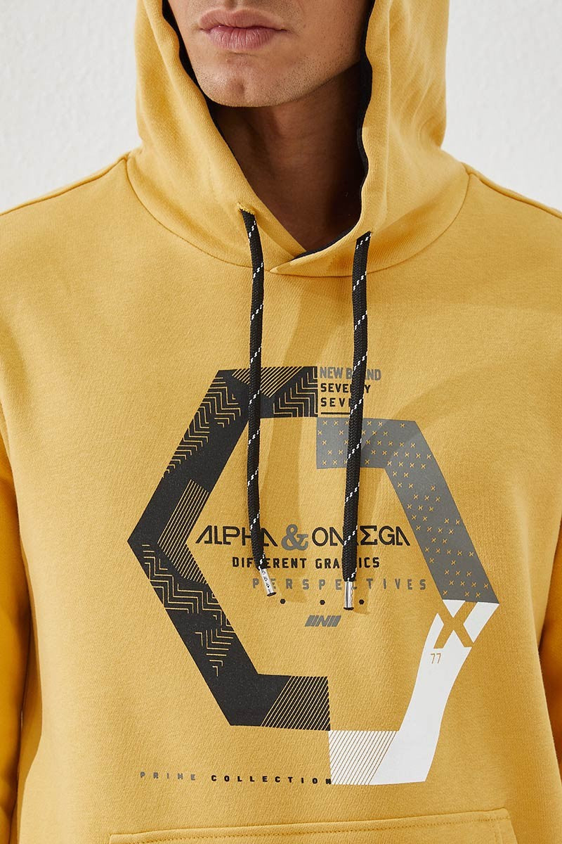 TMY Mustard Geometric Printed Standard Mold Hooded Men's Sweatshirt - 87870 - Los Mochis