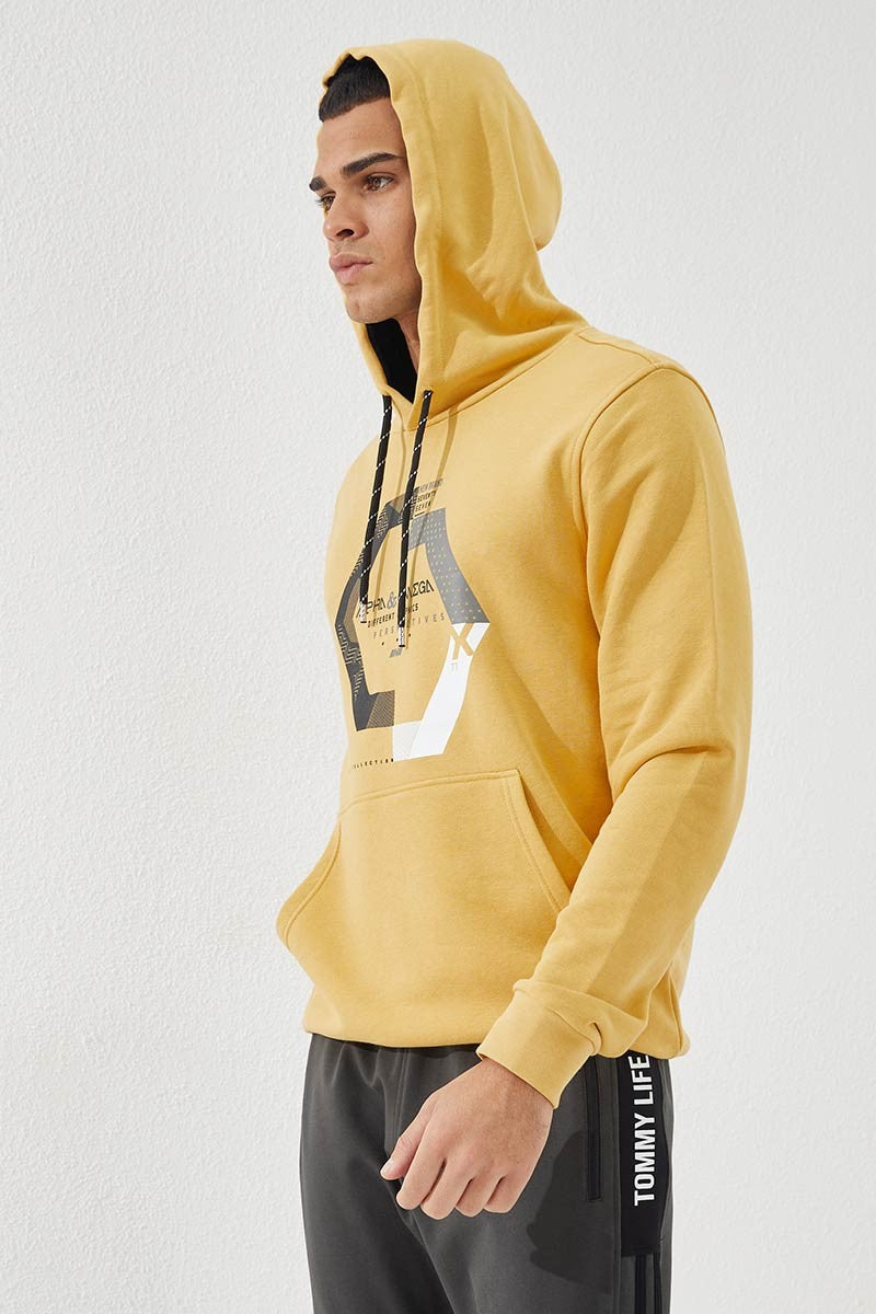 TMY Mustard Geometric Printed Standard Mold Hooded Men's Sweatshirt - 87870 - Los Mochis