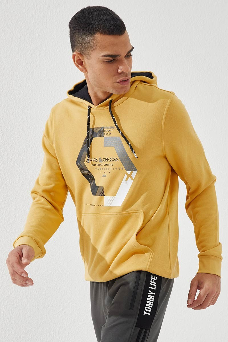 TMY Mustard Geometric Printed Standard Mold Hooded Men's Sweatshirt - 87870 - Los Mochis
