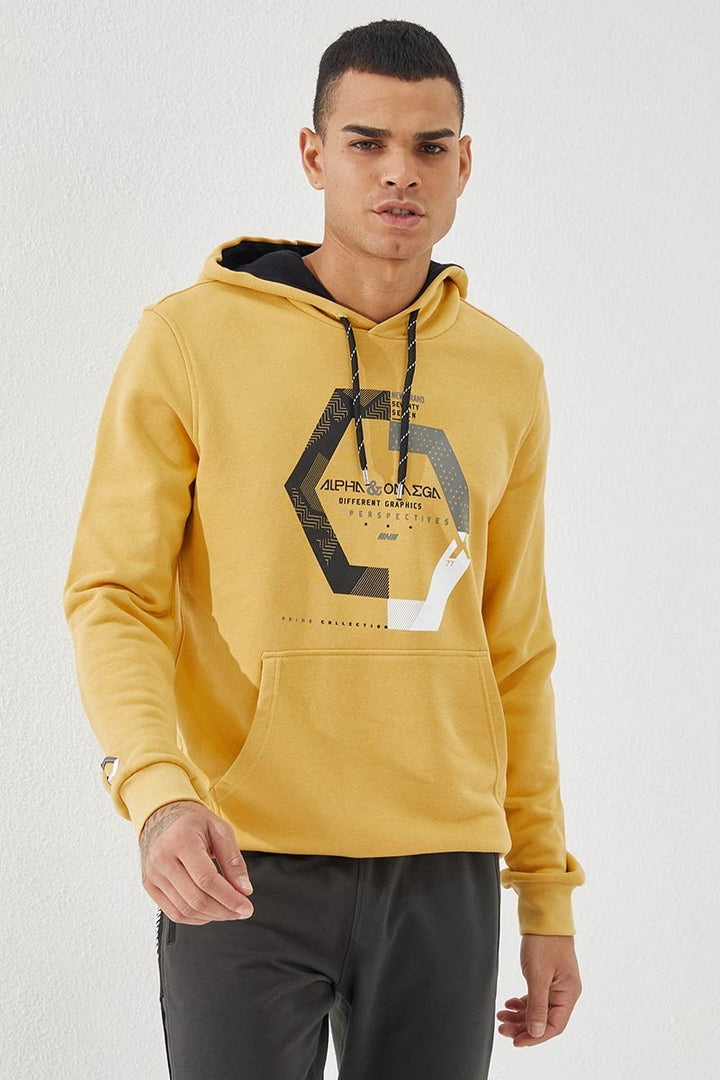 TMY Mustard Geometric Printed Standard Mold Hooded Men's Sweatshirt - 87870 - Los Mochis