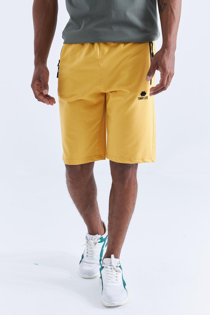 TMY Mustard Hidden Zipper Back Pocket Lace-Up Regular Fit Men's Shorts - 81136 - Valencia