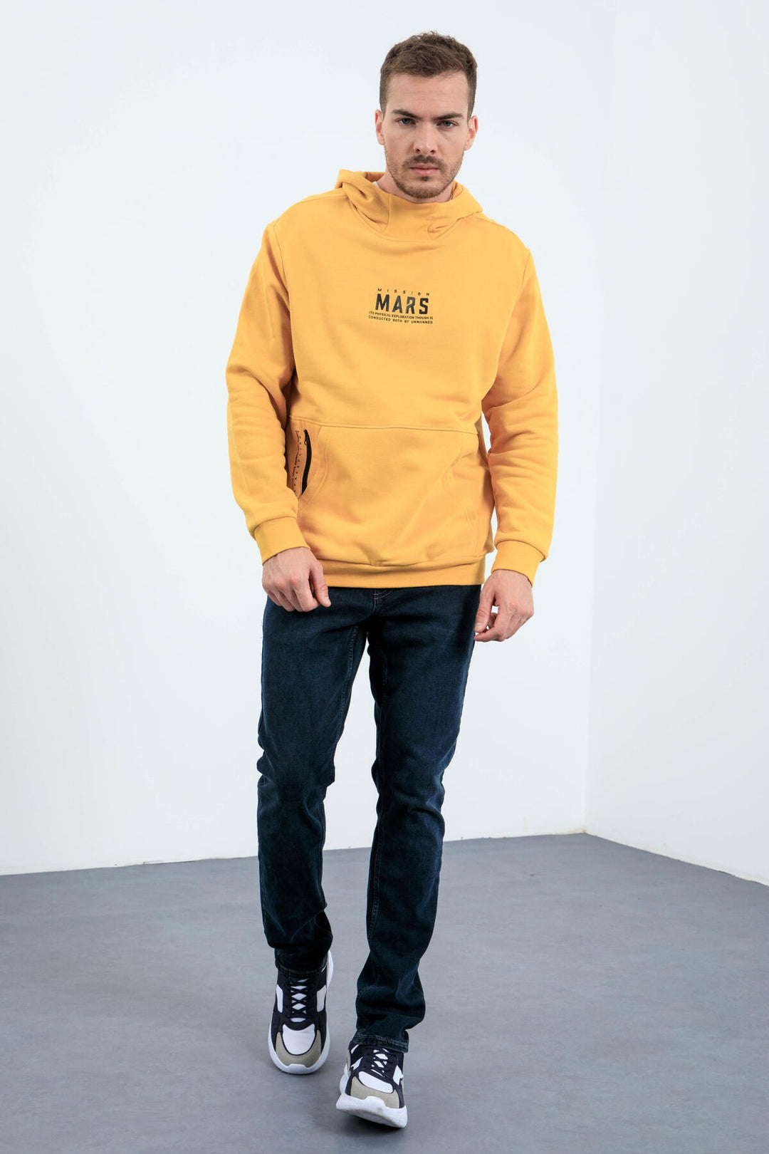 TMY Mustard Mars Printed Hooded Comfortable Fit Men's Sweatshirt with Back Print - 88032 - Moore