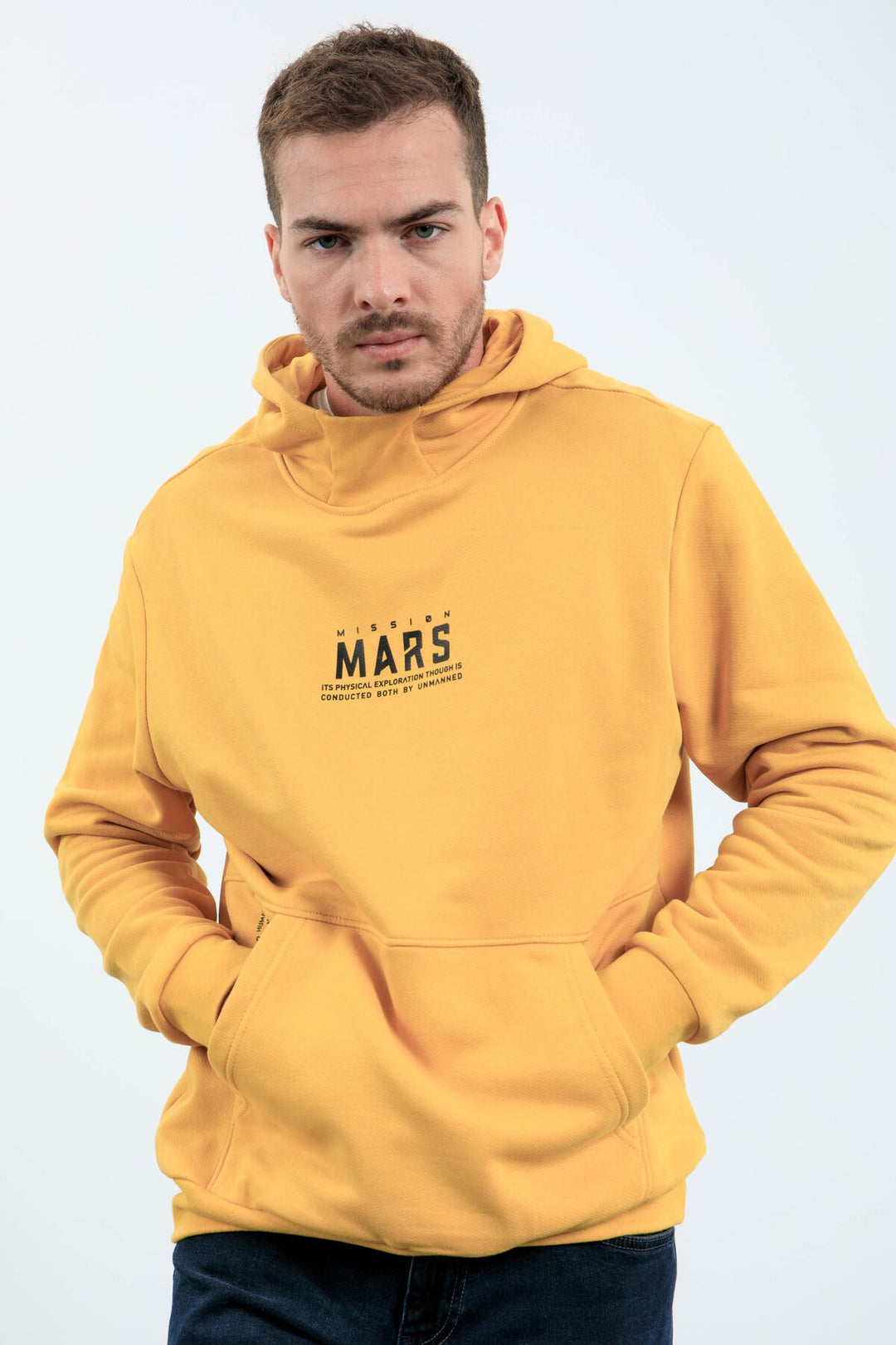 TMY Mustard Mars Printed Hooded Comfortable Fit Men's Sweatshirt with Back Print - 88032 - Moore