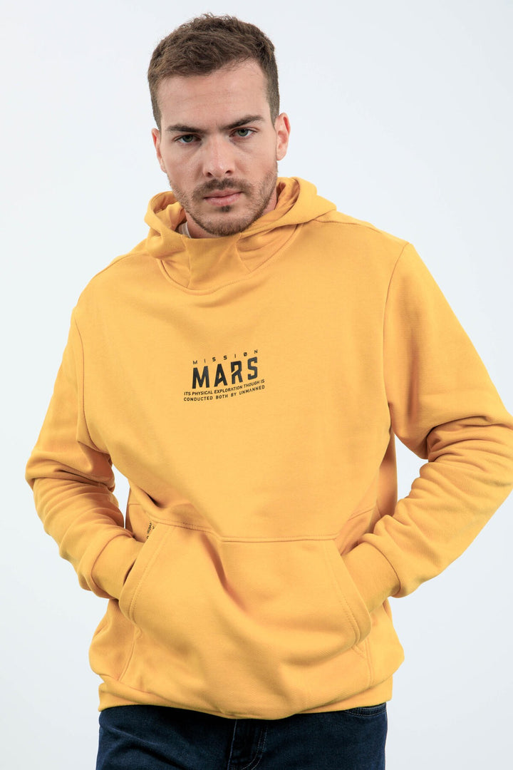 TMY Mustard Mars Printed Hooded Comfortable Fit Men's Sweatshirt with Back Print - 88032 - Moore