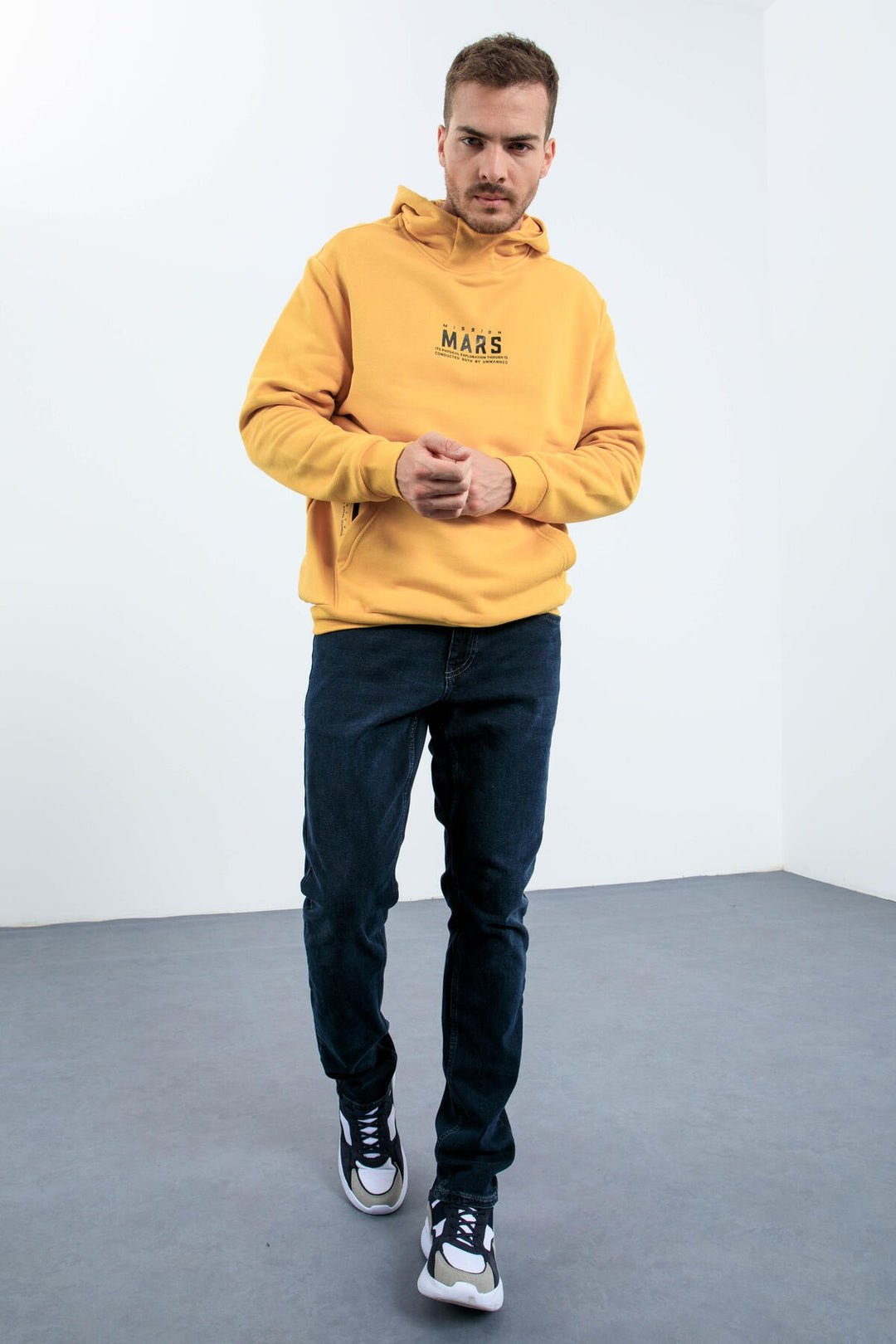 TMY Mustard Mars Printed Hooded Comfortable Fit Men's Sweatshirt with Back Print - 88032 - Moore