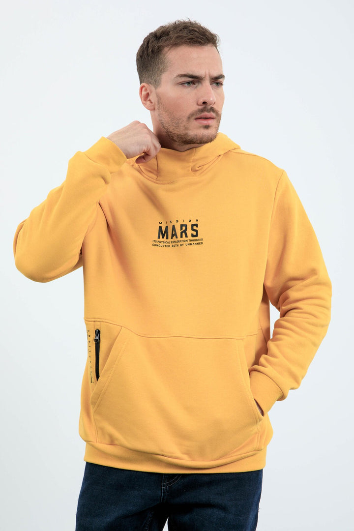 TMY Mustard Mars Printed Hooded Comfortable Fit Men's Sweatshirt with Back Print - 88032 - Moore