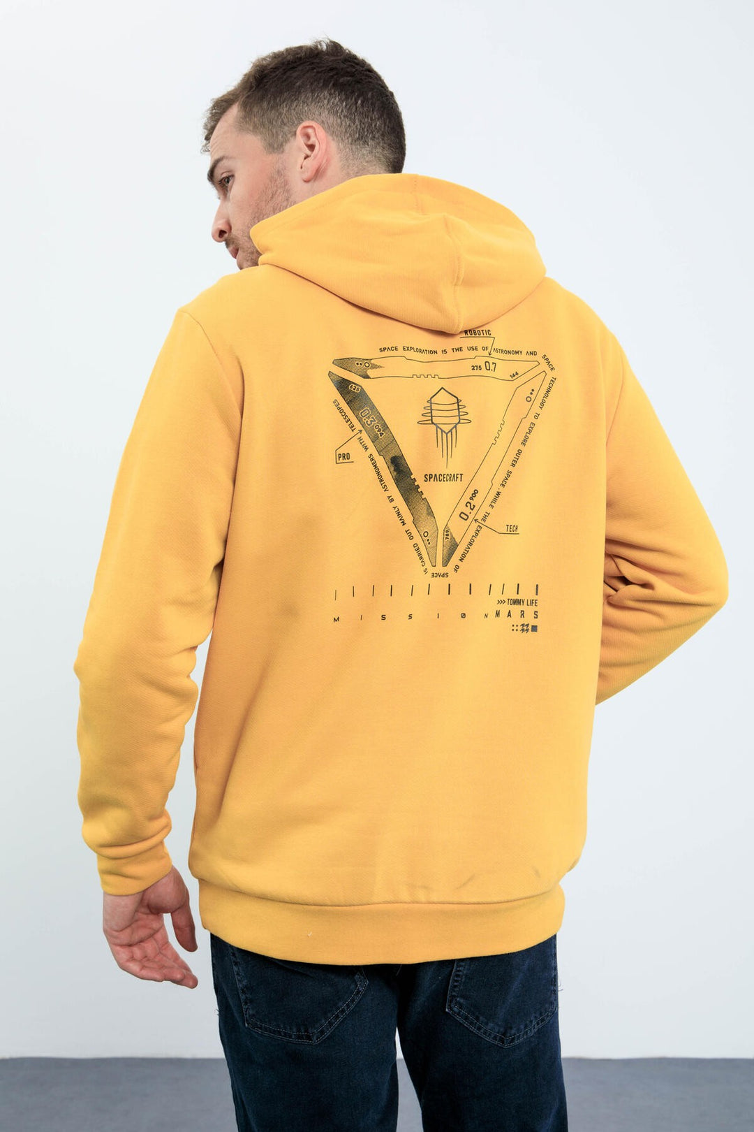 TMY Mustard Mars Printed Hooded Comfortable Fit Men's Sweatshirt with Back Print - 88032 - Moore