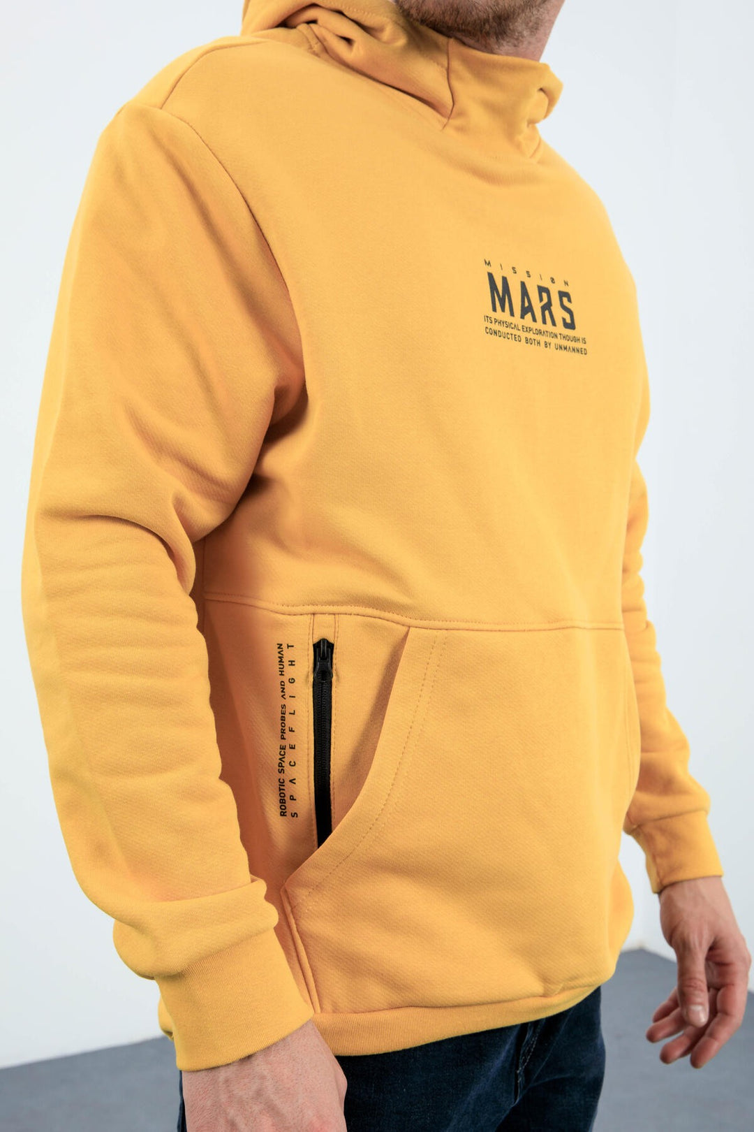 TMY Mustard Mars Printed Hooded Comfortable Fit Men's Sweatshirt with Back Print - 88032 - Moore