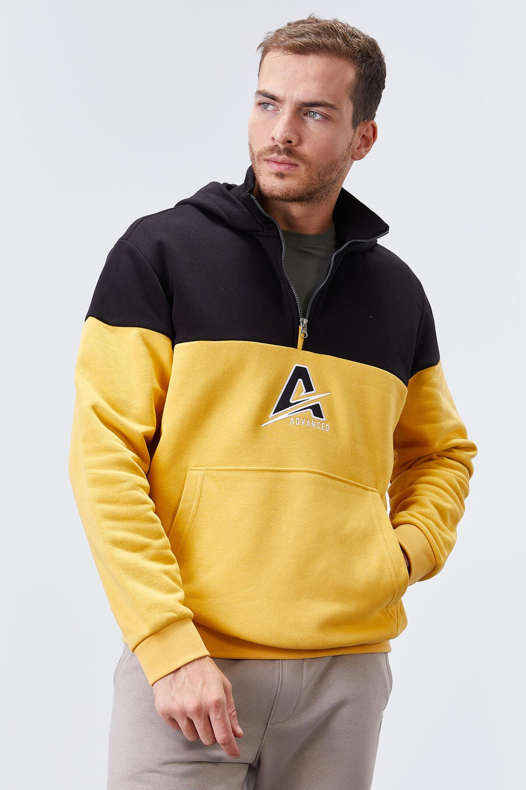 TMY Mustard Men's Half Zip Standard Fit Hooded Sweatshirt - 88033 - Villeurbanne