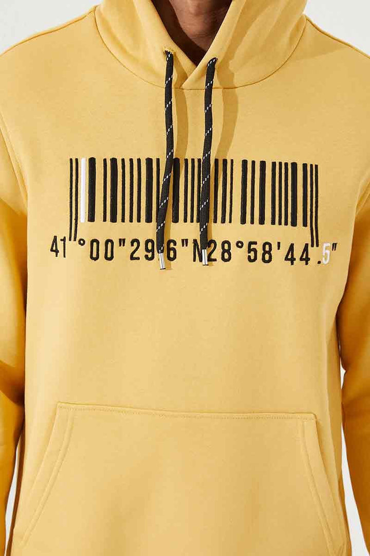 TMY Mustard Embroidered Kangaroo Pocket Standard Fit Hooded Men's Sweatshirt - 87839 - Leipzig