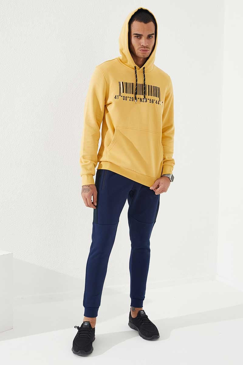 TMY Mustard Embroidered Kangaroo Pocket Standard Fit Hooded Men's Sweatshirt - 87839 - Leipzig