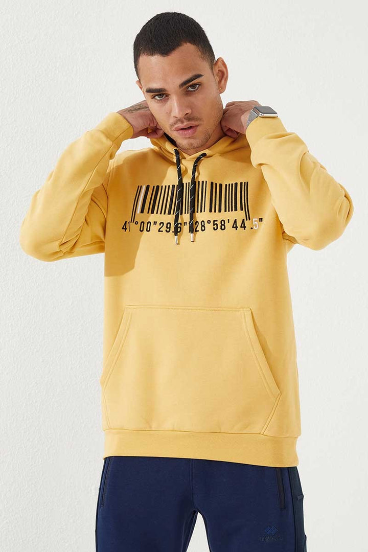 TMY Mustard Embroidered Kangaroo Pocket Standard Fit Hooded Men's Sweatshirt - 87839 - Leipzig