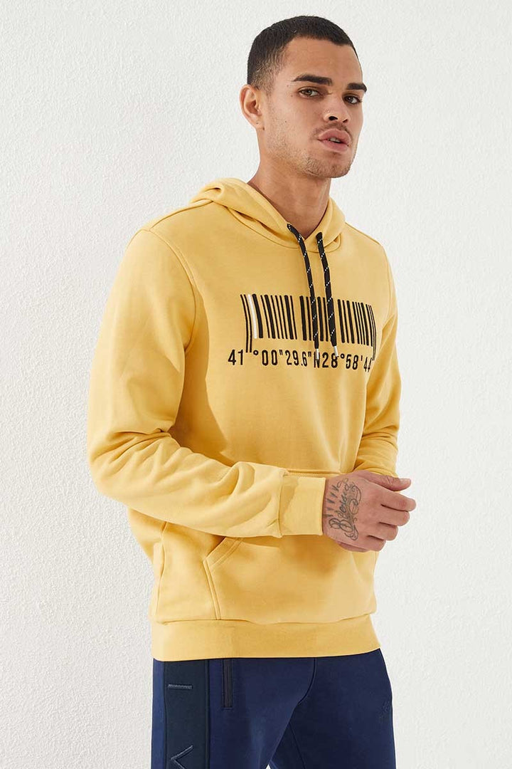 TMY Mustard Embroidered Kangaroo Pocket Standard Fit Hooded Men's Sweatshirt - 87839 - Leipzig