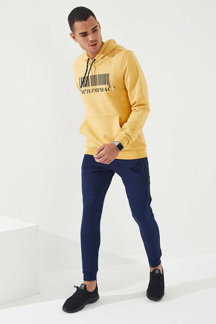 TMY Mustard Embroidered Kangaroo Pocket Standard Fit Hooded Men's Sweatshirt - 87839 - Leipzig