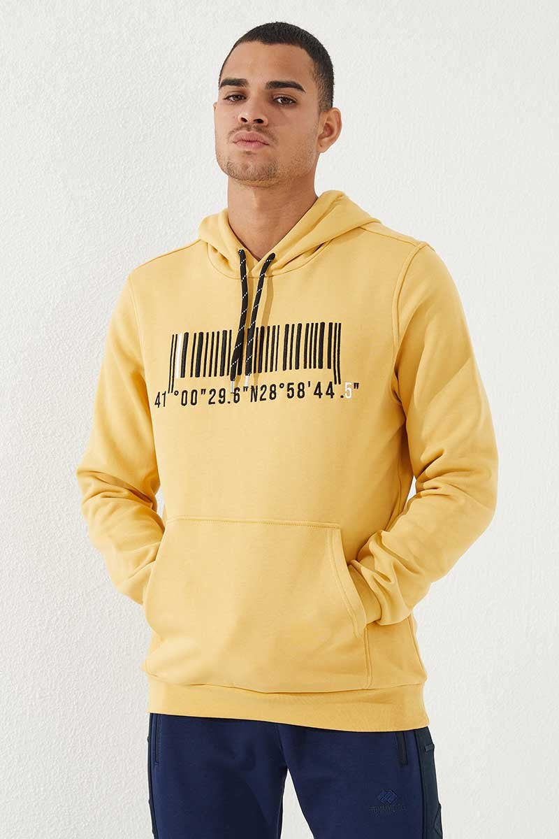 TMY Mustard Embroidered Kangaroo Pocket Standard Fit Hooded Men's Sweatshirt - 87839 - Leipzig