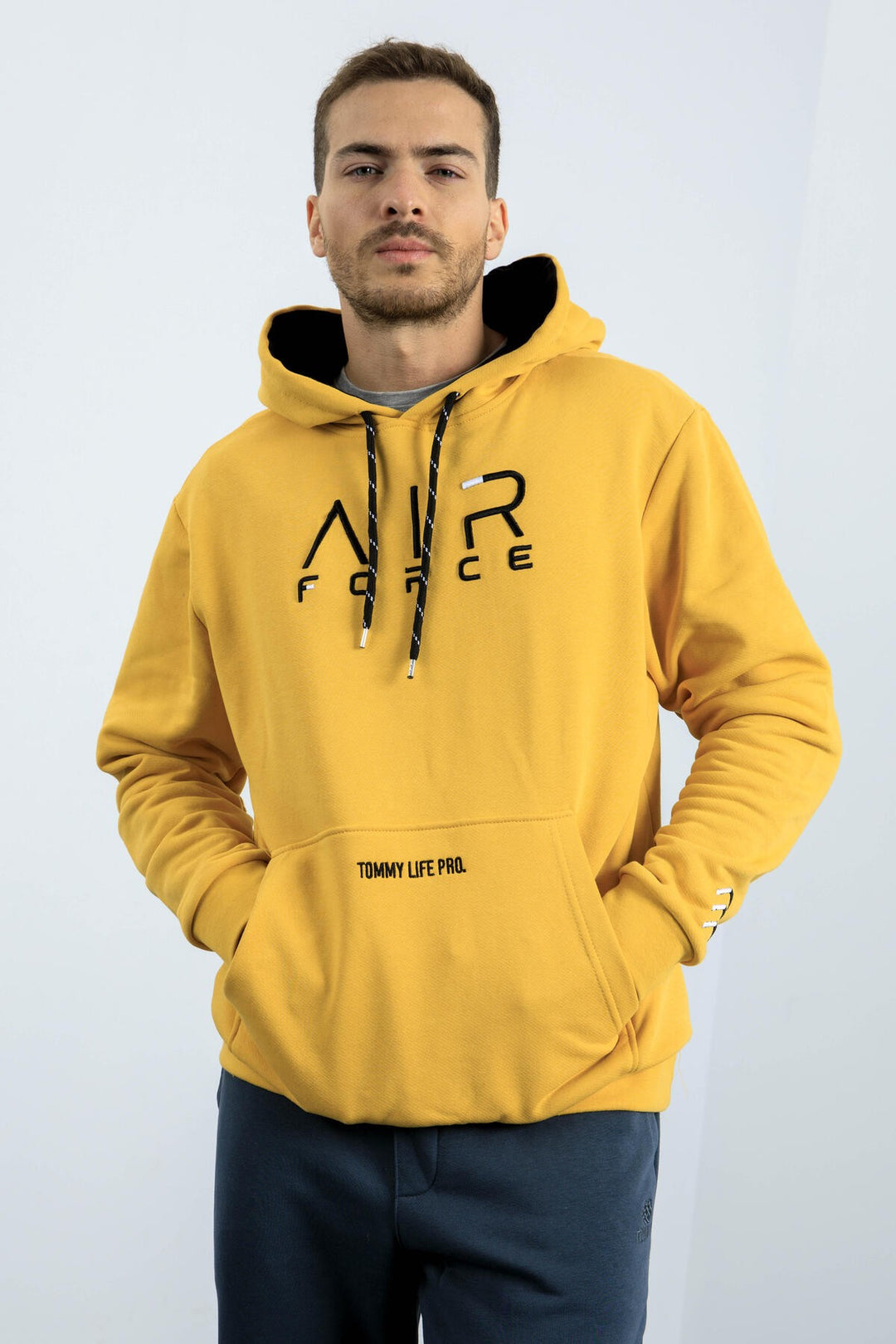 TMY Mustard Yellow Embroidered Text Standard Fit Hooded Men's Sweatshirt - 87838 - Valence