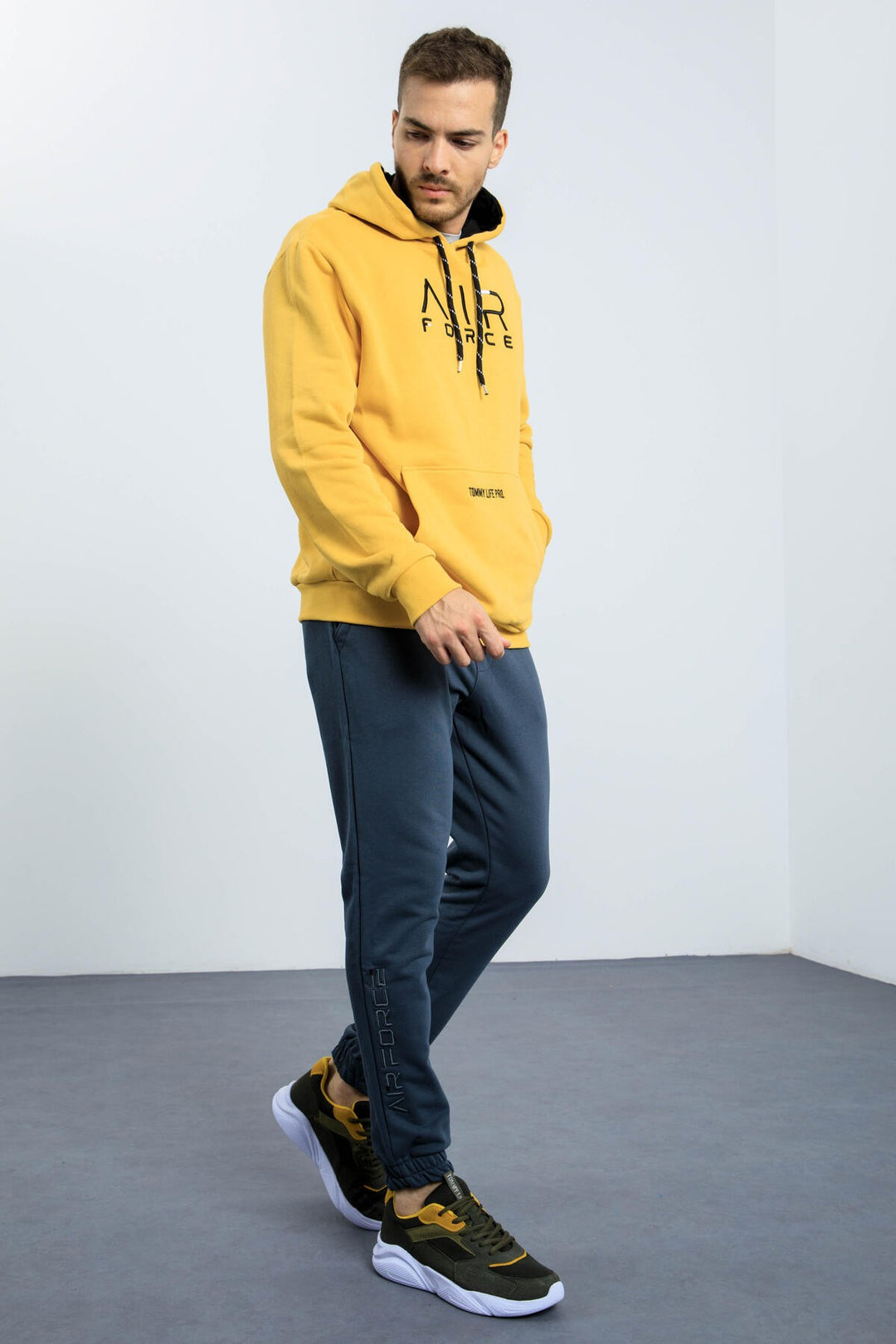 TMY Mustard Yellow Embroidered Text Standard Fit Hooded Men's Sweatshirt - 87838 - Valence