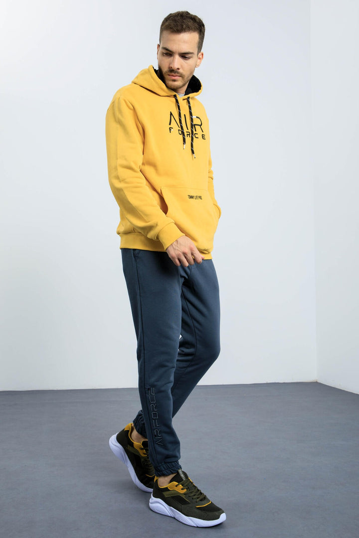 TMY Mustard Yellow Embroidered Text Standard Fit Hooded Men's Sweatshirt - 87838 - Valence