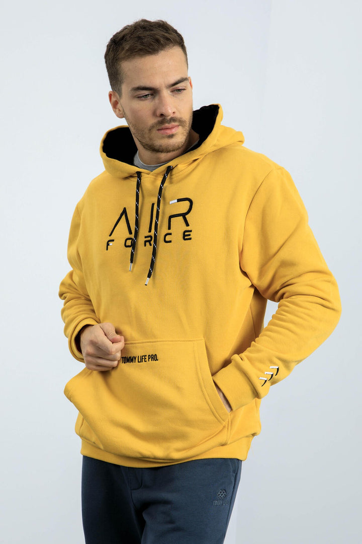 TMY Mustard Yellow Embroidered Text Standard Fit Hooded Men's Sweatshirt - 87838 - Valence