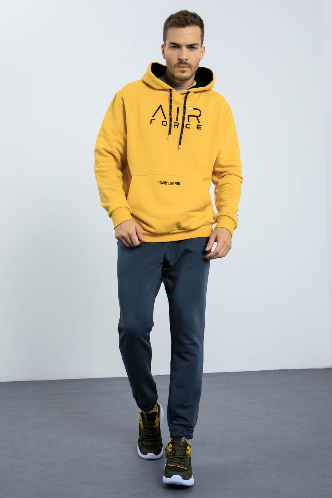 TMY Mustard Yellow Embroidered Text Standard Fit Hooded Men's Sweatshirt - 87838 - Valence