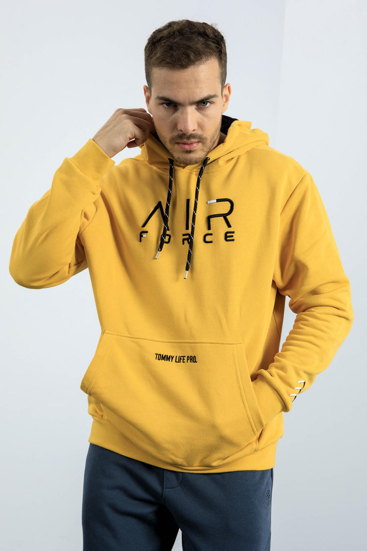 TMY Mustard Yellow Embroidered Text Standard Fit Hooded Men's Sweatshirt - 87838 - Valence