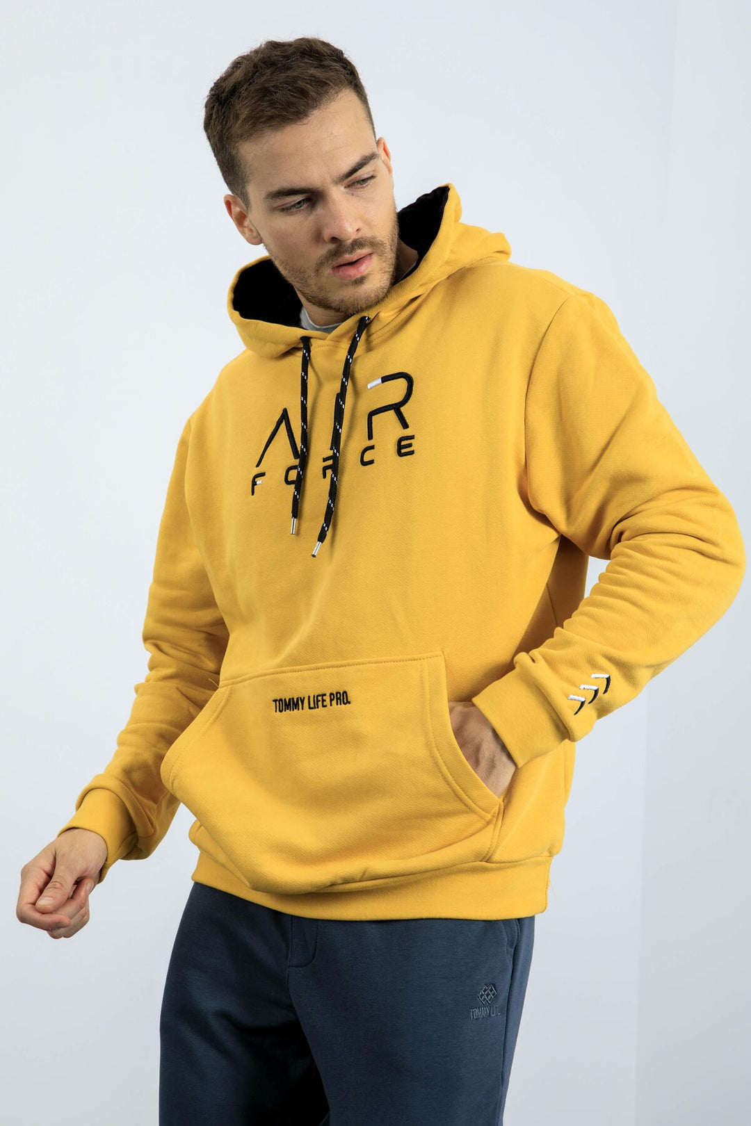 TMY Mustard Yellow Embroidered Text Standard Fit Hooded Men's Sweatshirt - 87838 - Valence