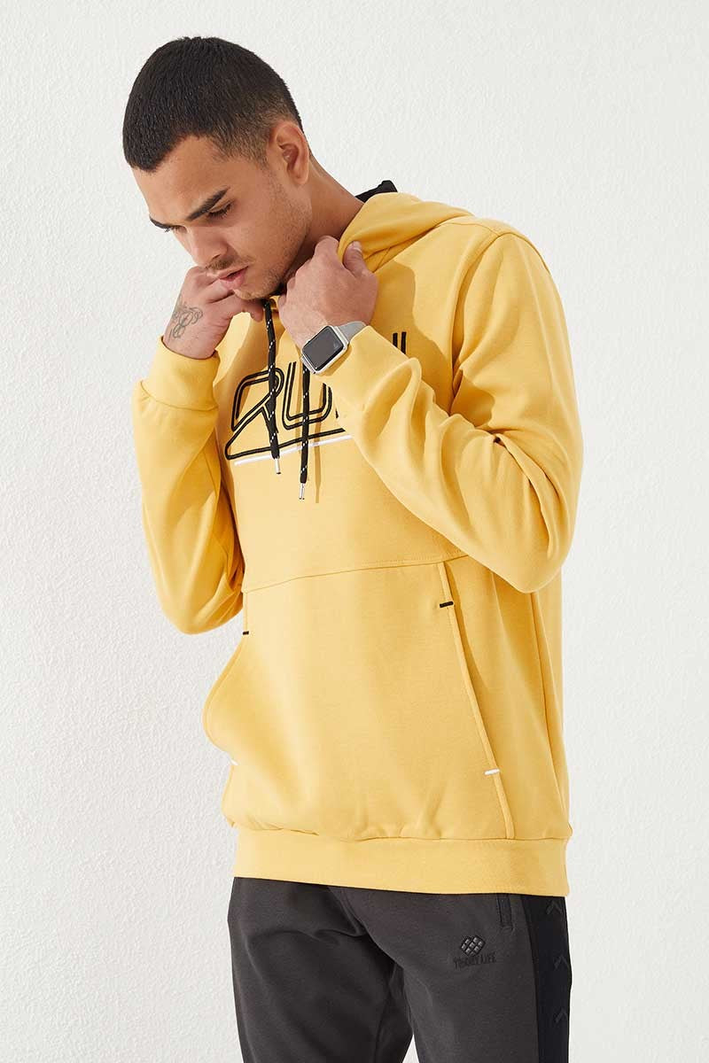 TMY Mustard Yellow Embroidered Text Standard Fit Hooded Men's Sweatshirt - 87887 - Royal Tunbridge Wells