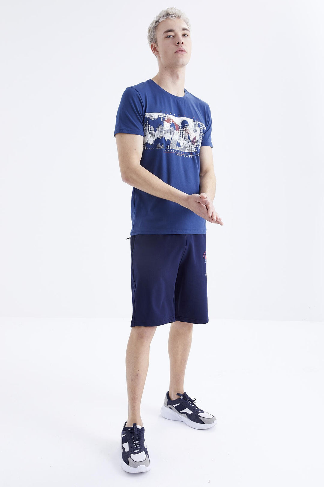 TMY Indigo Print Detailed O Neck Standard Mold Bermuda Men's Shorts Suit - 85171 - Coatbridge