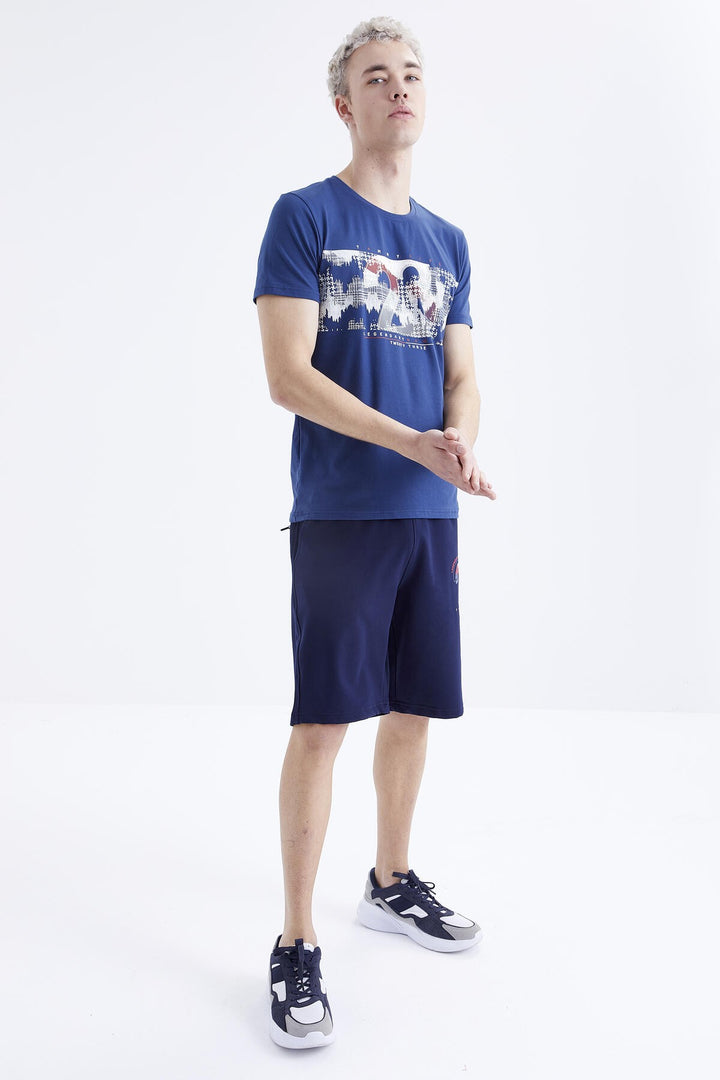 TMY Indigo Print Detailed O Neck Standard Mold Bermuda Men's Shorts Suit - 85171 - Coatbridge