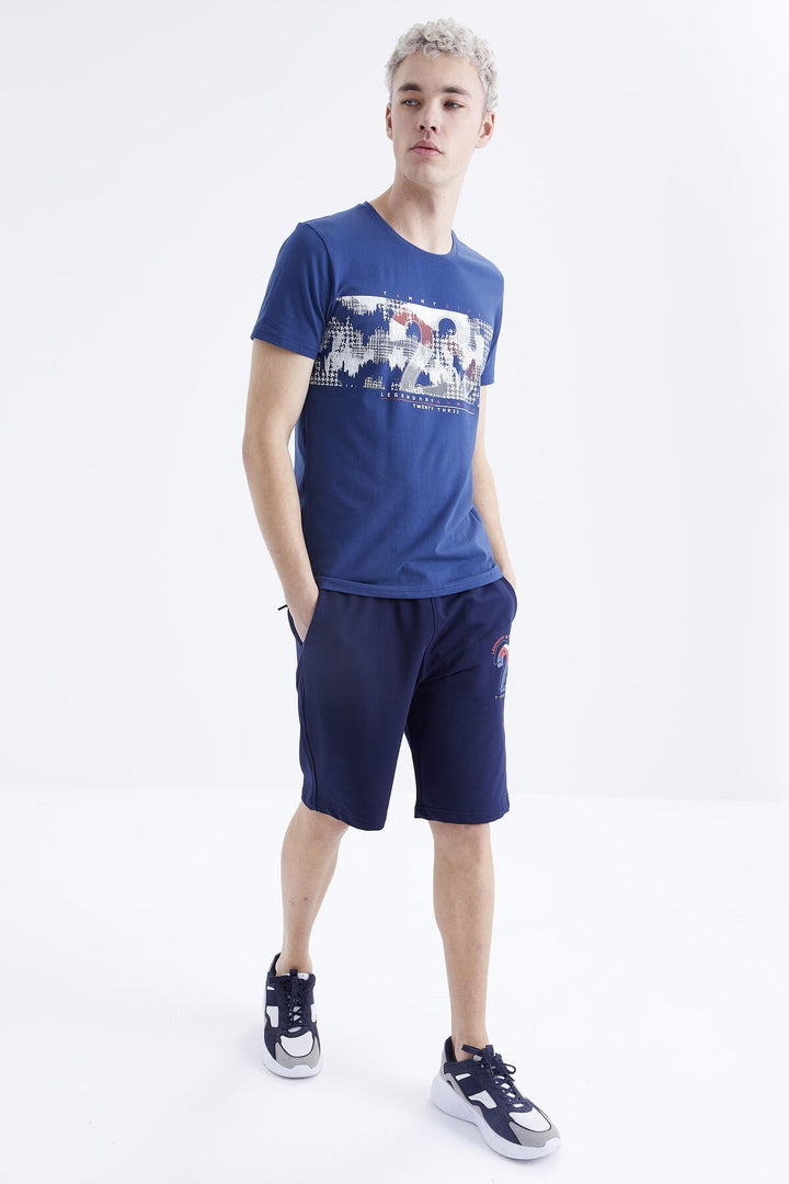 TMY Indigo Print Detailed O Neck Standard Mold Bermuda Men's Shorts Suit - 85171 - Coatbridge