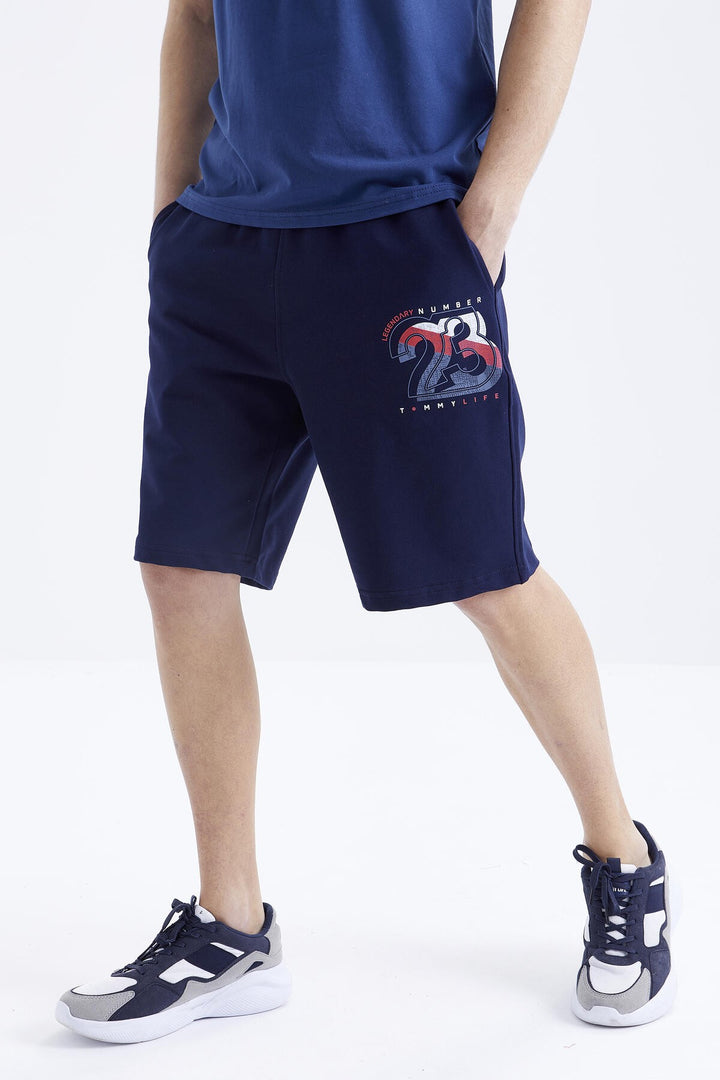 TMY Indigo Print Detailed O Neck Standard Mold Bermuda Men's Shorts Suit - 85171 - Coatbridge