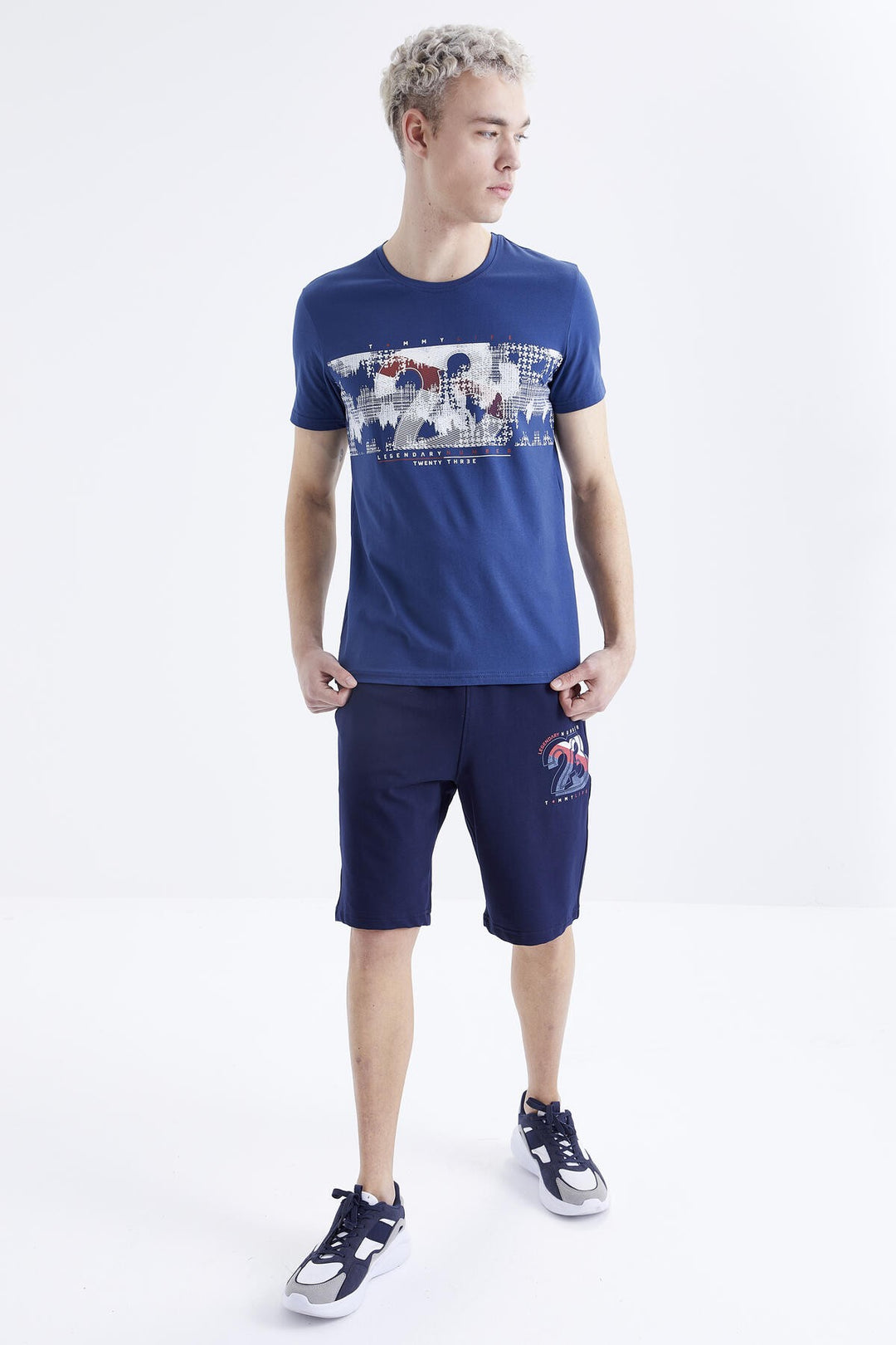 TMY Indigo Print Detailed O Neck Standard Mold Bermuda Men's Shorts Suit - 85171 - Coatbridge