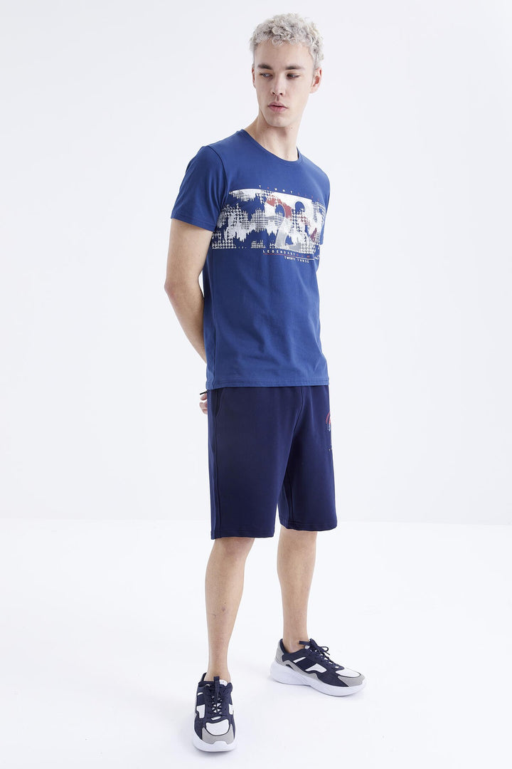 TMY Indigo Print Detailed O Neck Standard Mold Bermuda Men's Shorts Suit - 85171 - Coatbridge