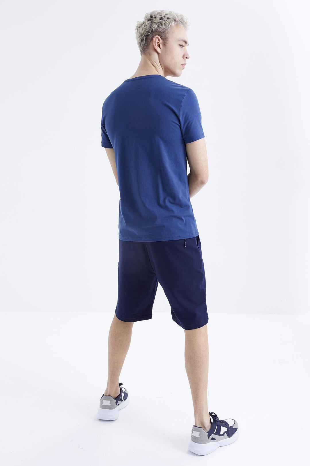 TMY Indigo Print Detailed O Neck Standard Mold Bermuda Men's Shorts Suit - 85171 - Coatbridge