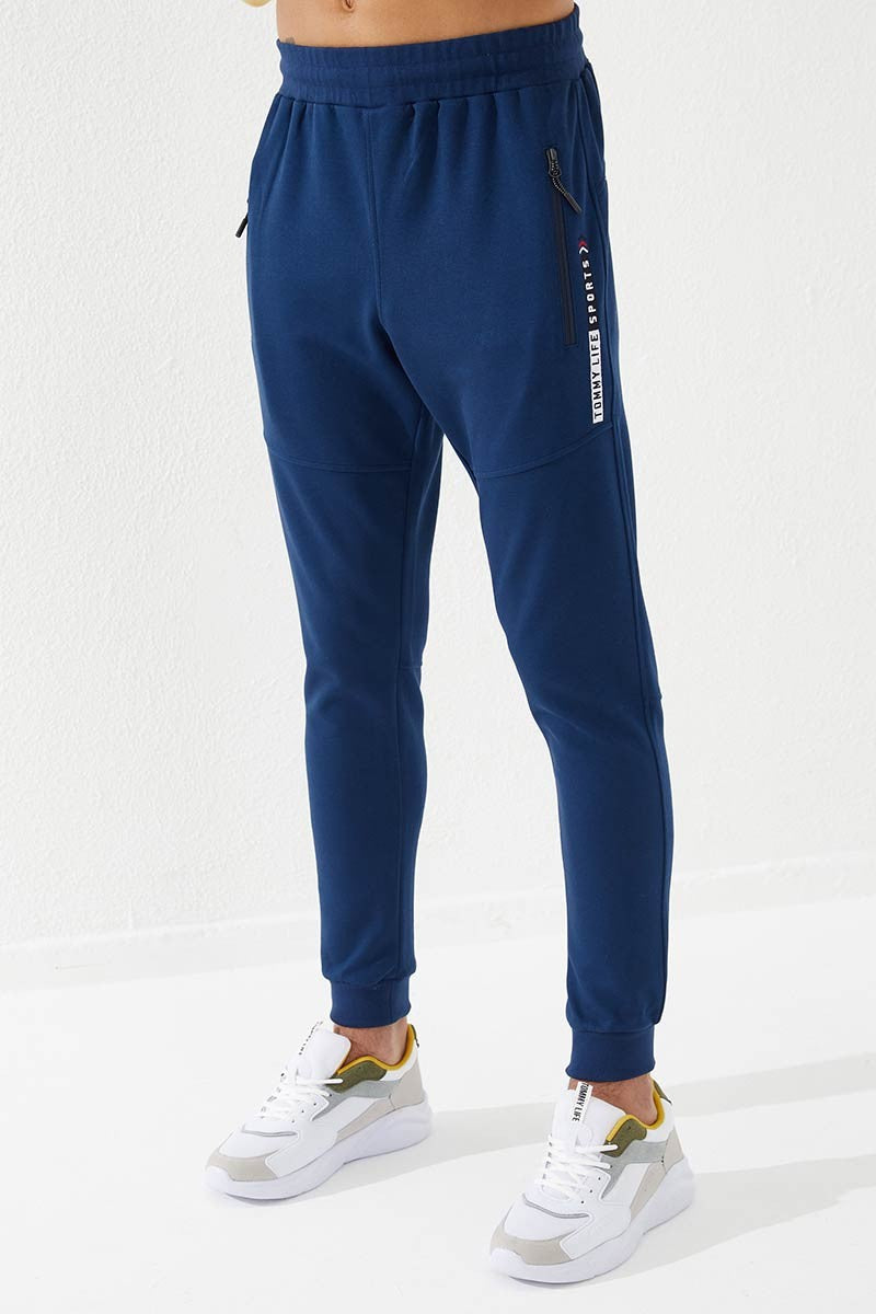 TMY Indigo Zippered Pocket Embroidered Detail Slim Fit Jogger Men's Sweatpants - 84783 - Herne Bay