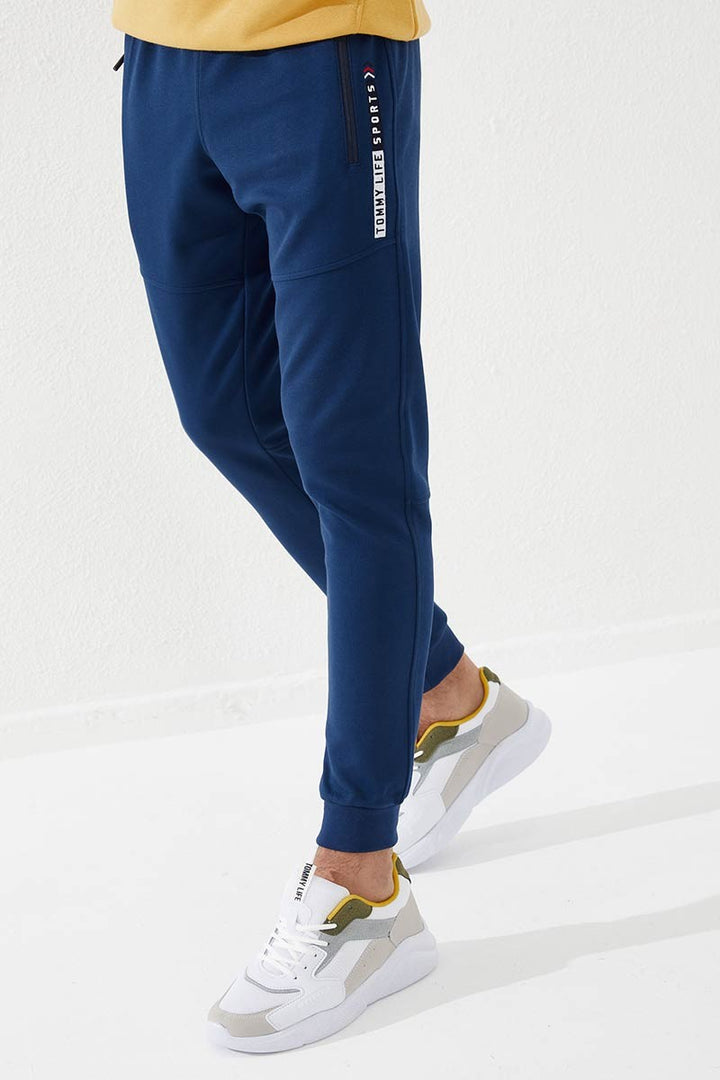 TMY Indigo Zippered Pocket Embroidered Detail Slim Fit Jogger Men's Sweatpants - 84783 - Herne Bay