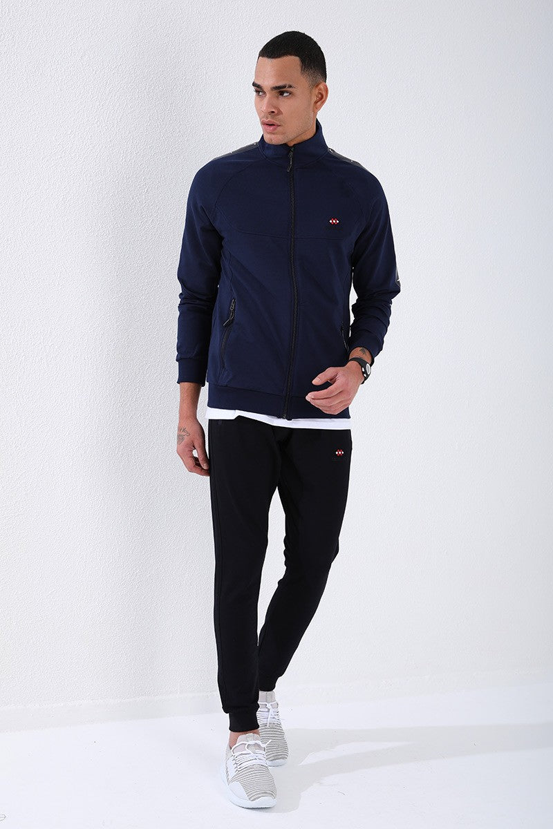 TMY Indigo - Navy Blue Straight Collar Striped Printed Regular Fit Cuffed Men's Tracksuit - 85150 - Modesto