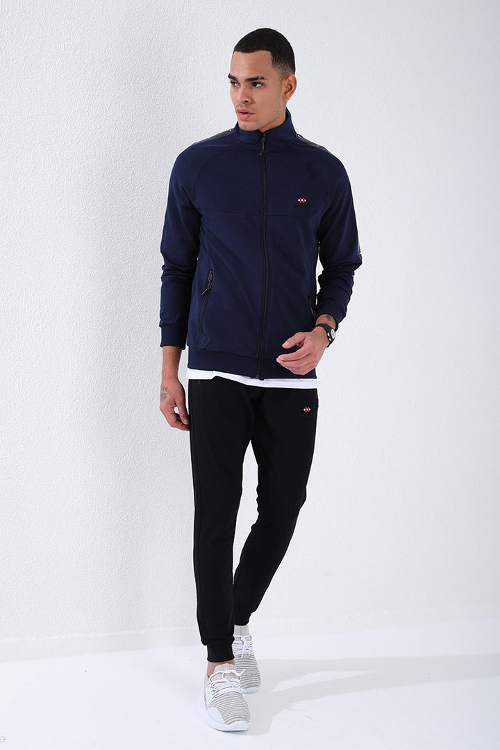 TMY Indigo - Navy Blue Straight Collar Striped Printed Regular Fit Cuffed Men's Tracksuit - 85150 - Modesto