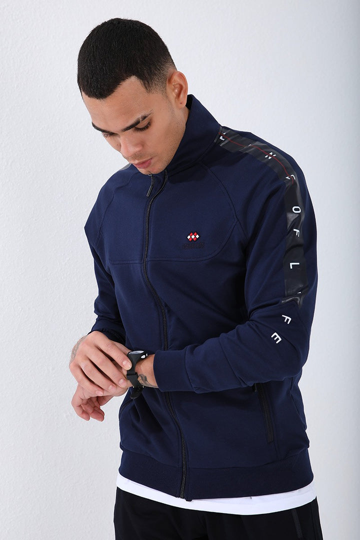 TMY Indigo - Navy Blue Straight Collar Striped Printed Regular Fit Cuffed Men's Tracksuit - 85150 - Modesto