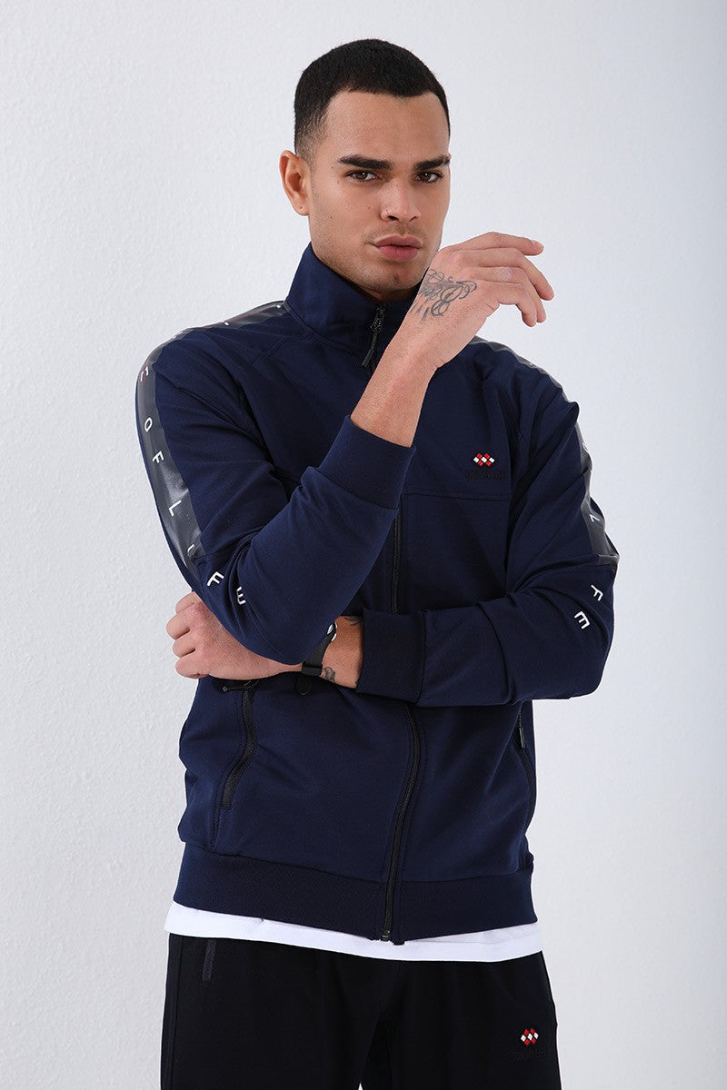TMY Indigo - Navy Blue Straight Collar Striped Printed Regular Fit Cuffed Men's Tracksuit - 85150 - Modesto